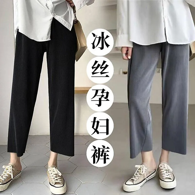 3172# Pantalones rectos de maternidad helados de verano de pierna ancha ropa de vientre holgada y transpirable para mujeres emba