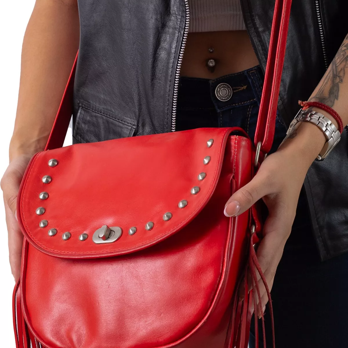 Bandolera Morral De Cuero Vacuno 100% De Mujer Roja Moderna