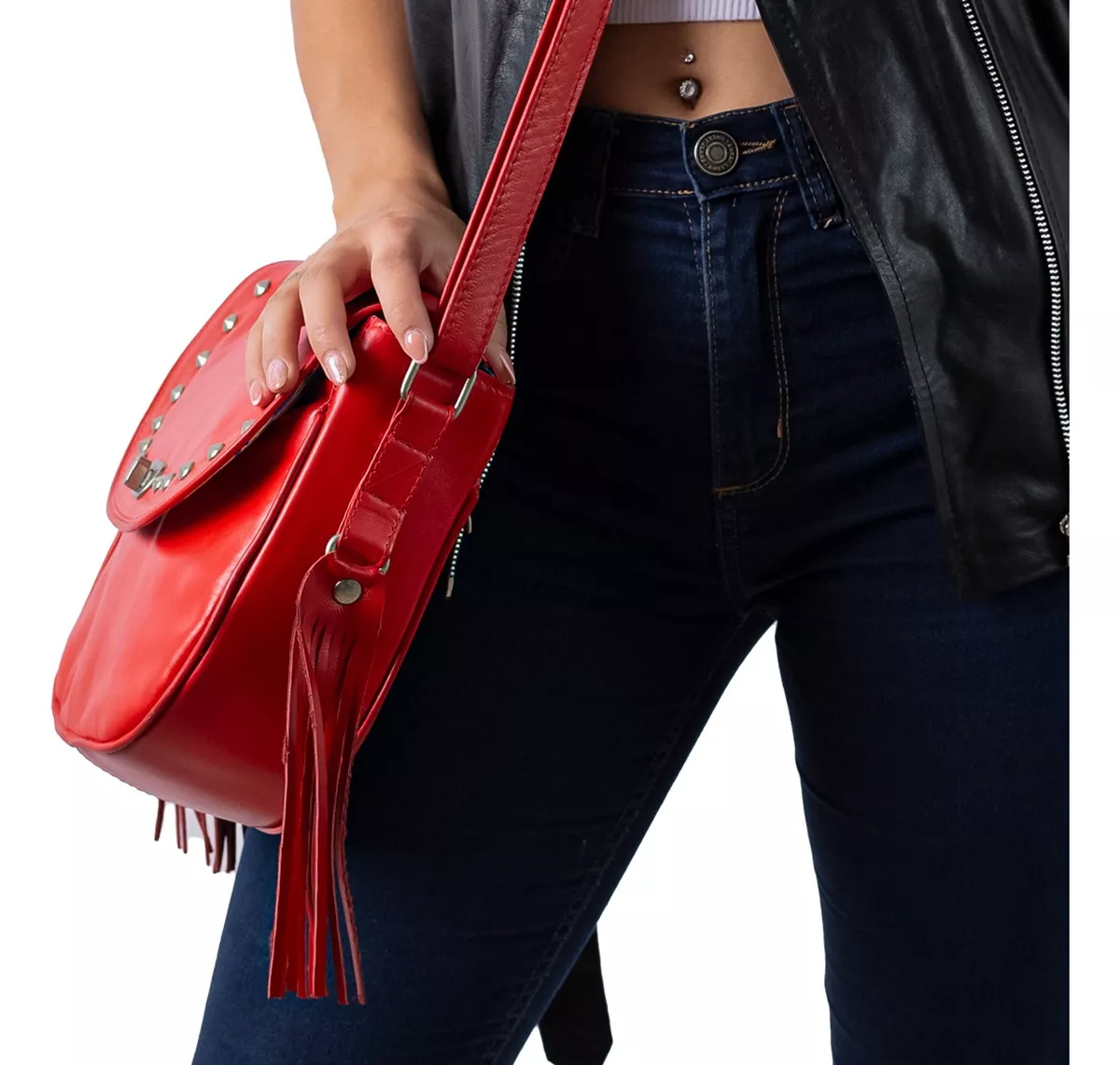 Bandolera Morral De Cuero Vacuno 100% De Mujer Roja Moderna