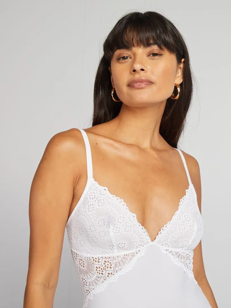 BODY DE MICROFIBRA Y ENCAJE DE FLORES  BLANCO