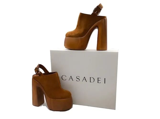 Casadei Brown Kentucky Chunky Plataforma de madera Zapatos de cuero de gamuza de tacón ultra alto Castaño 