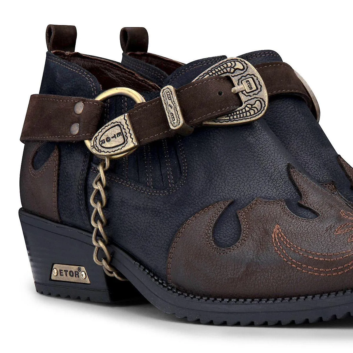 Cuero Azul Marino Hombre Cadena de Metal Cubano Zapatos Vaqueros