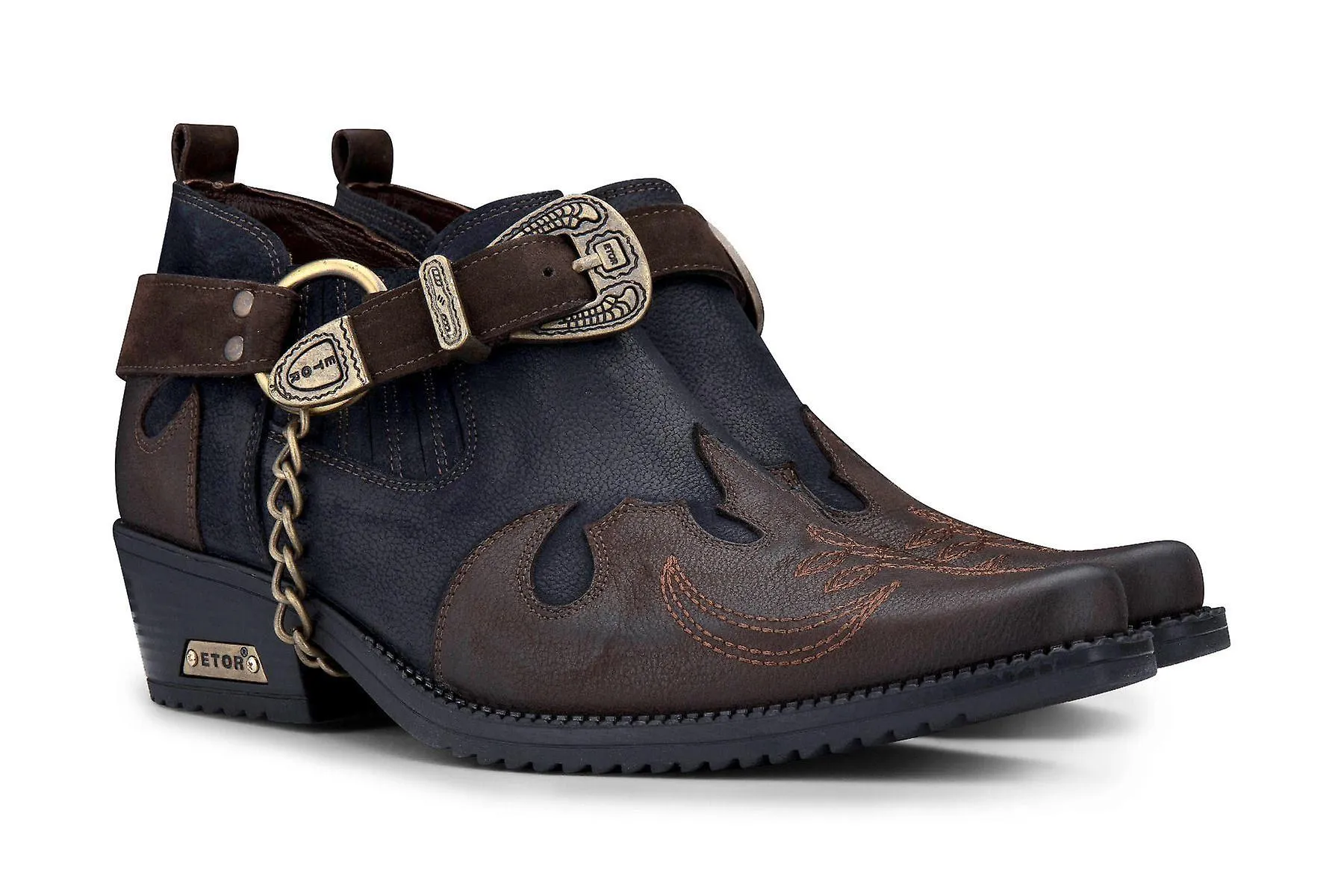 Cuero Azul Marino Hombre Cadena de Metal Cubano Zapatos Vaqueros
