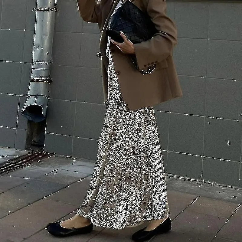 FALDA DE LENTEJUELAS DE MODA ELEGANTE LARGA DE CINTURA ALTA SEñORA DE OFICINA CASUAL FALDAS SUELTASYVAN