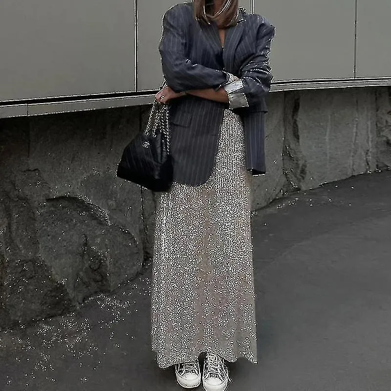 FALDA DE LENTEJUELAS DE MODA ELEGANTE LARGA DE CINTURA ALTA SEñORA DE OFICINA CASUAL FALDAS SUELTASYVAN