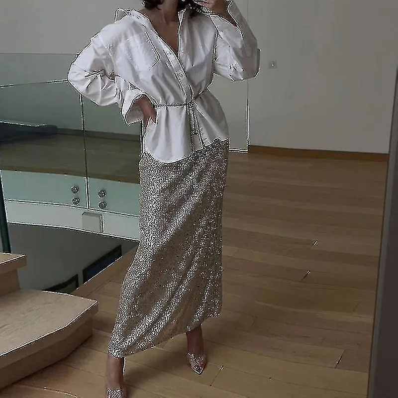 FALDA DE LENTEJUELAS DE MODA ELEGANTE LARGA DE CINTURA ALTA SEñORA DE OFICINA CASUAL FALDAS SUELTASYVAN