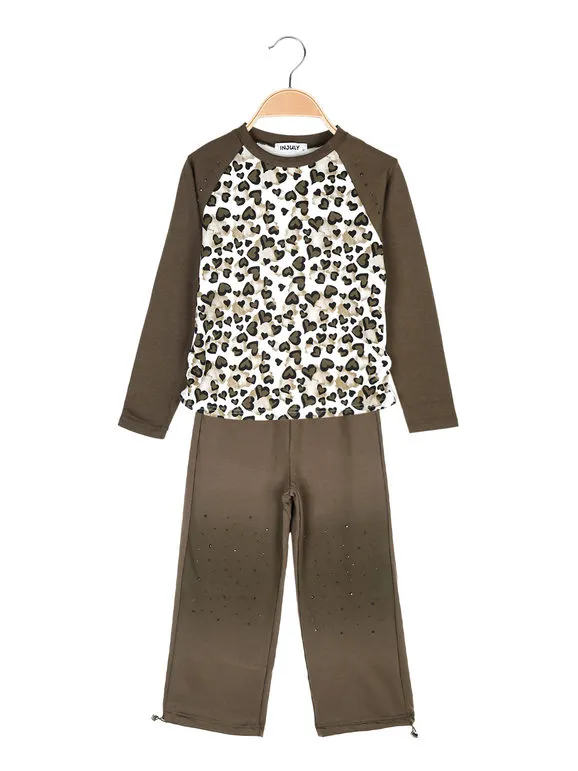 Injuly Conjunto de 2 piezas para niña con camiseta estampada y pantalón de campana.