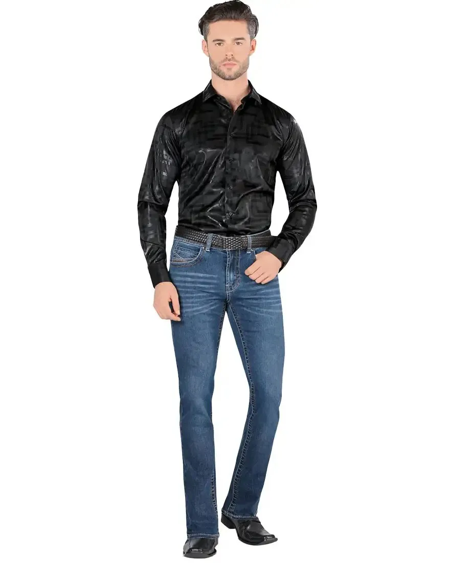 LAMASINI MEN'S MEDIUM BLUE STRAIGHT LEG STRETCH DENIM JEANS LAM1593MB