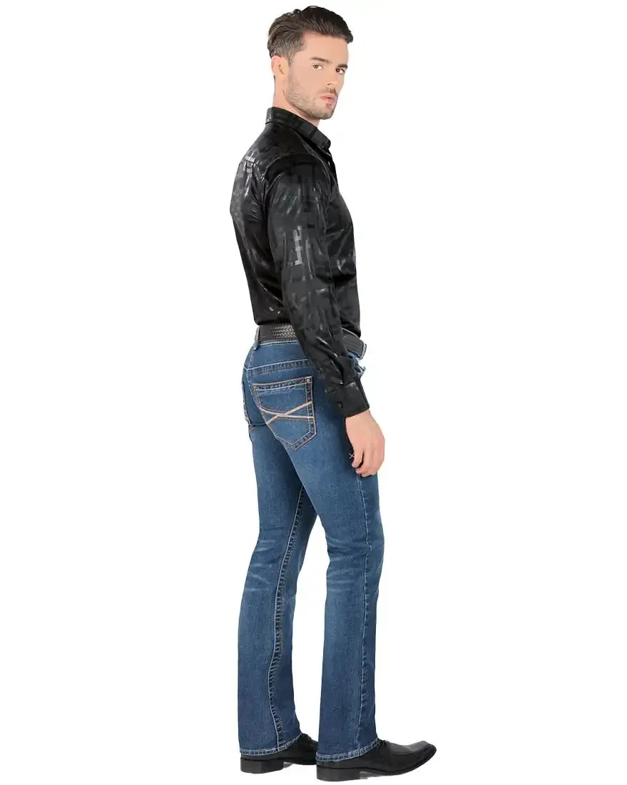 LAMASINI MEN'S MEDIUM BLUE STRAIGHT LEG STRETCH DENIM JEANS LAM1593MB