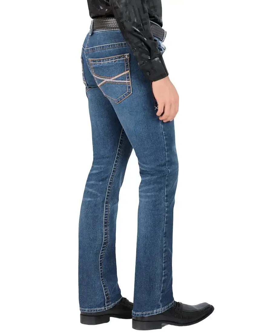 LAMASINI MEN'S MEDIUM BLUE STRAIGHT LEG STRETCH DENIM JEANS LAM1593MB