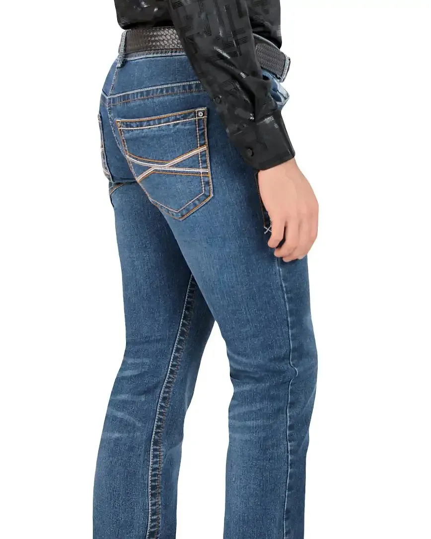 LAMASINI MEN'S MEDIUM BLUE STRAIGHT LEG STRETCH DENIM JEANS LAM1593MB