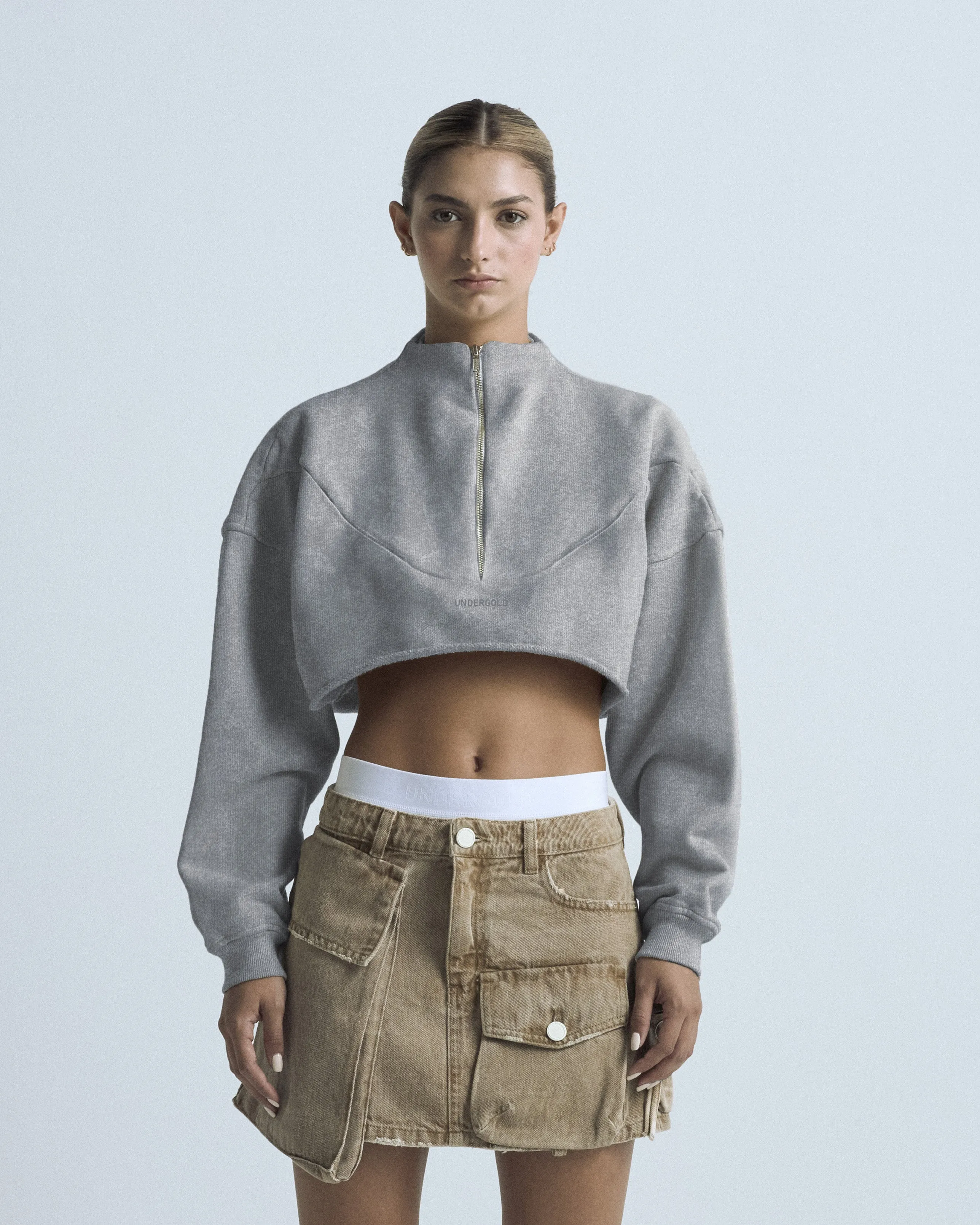 Line Logo Cropped Zip up Crewneck Washed Gray