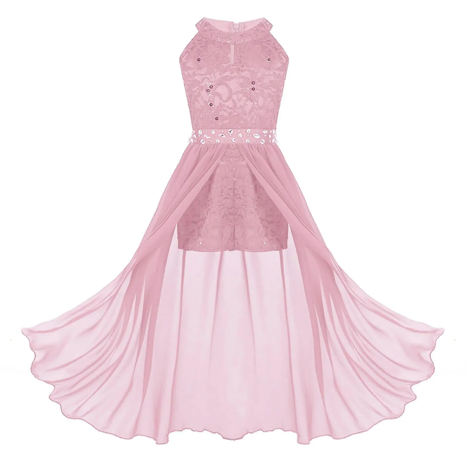 Niñas Encaje Floral Diamantes de Imitación Maxi Romper Vestido Ropa de Baile Elegante Vestido de Niña Fiesta de Bodas Primera Co