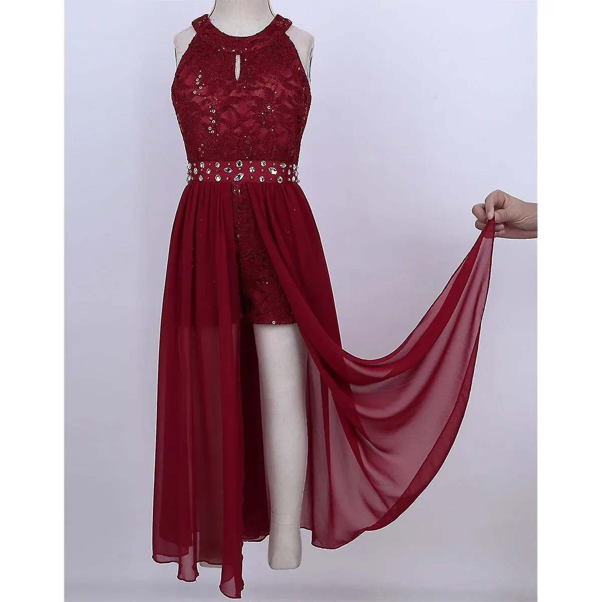 Niñas Encaje Floral Diamantes de Imitación Maxi Romper Vestido Ropa de Baile Elegante Vestido de Niña Fiesta de Bodas Primera Co