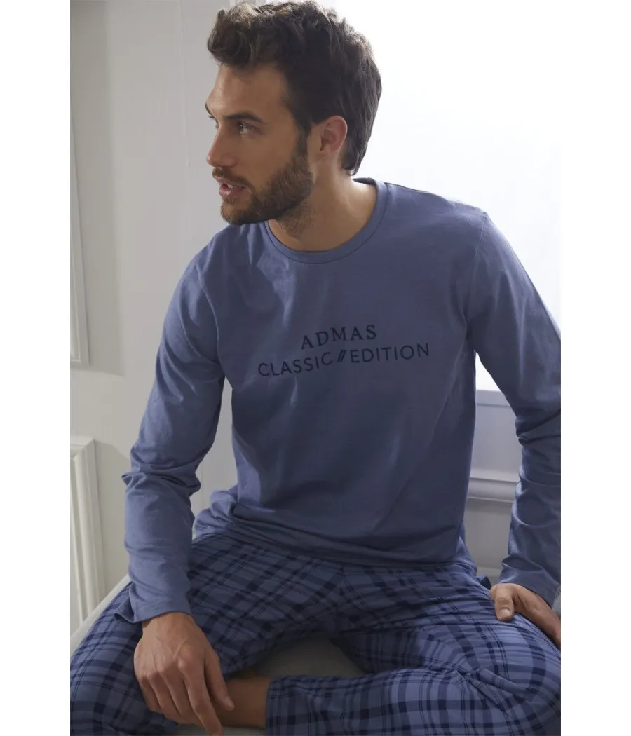 Pijama clásico hombre Admas azul cuadros bolsillos algodón