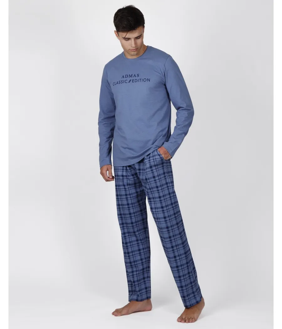 Pijama clásico hombre Admas azul cuadros bolsillos algodón