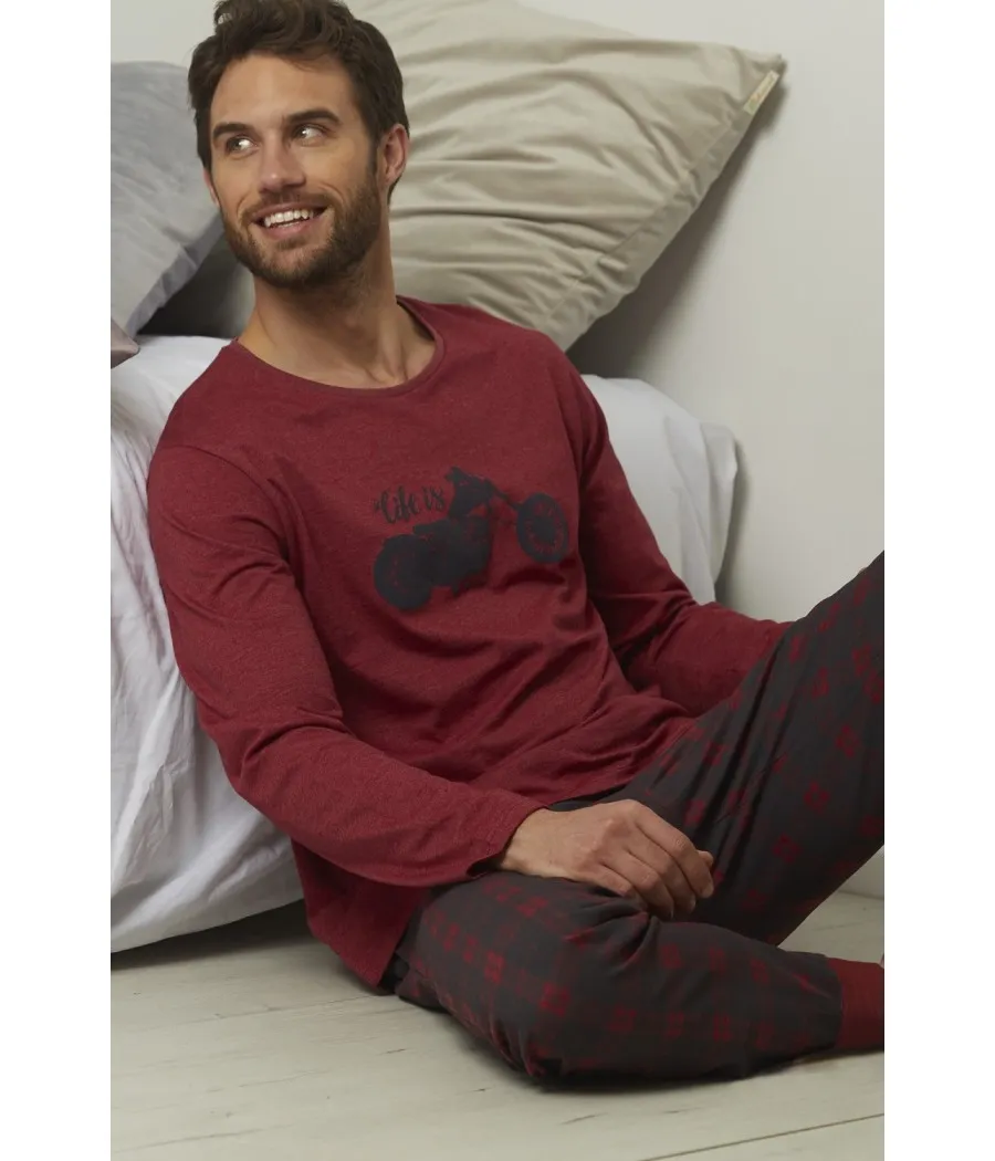 Pijama clásico hombre invierno Admas granate cuadros bolsillos