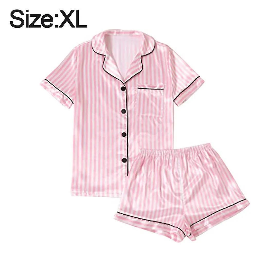Pijama de satén sedoso a rayas para mujer Top de manga corta con pantalones cortos Ropa de dormir Pj Set camisa de botón Ropa de