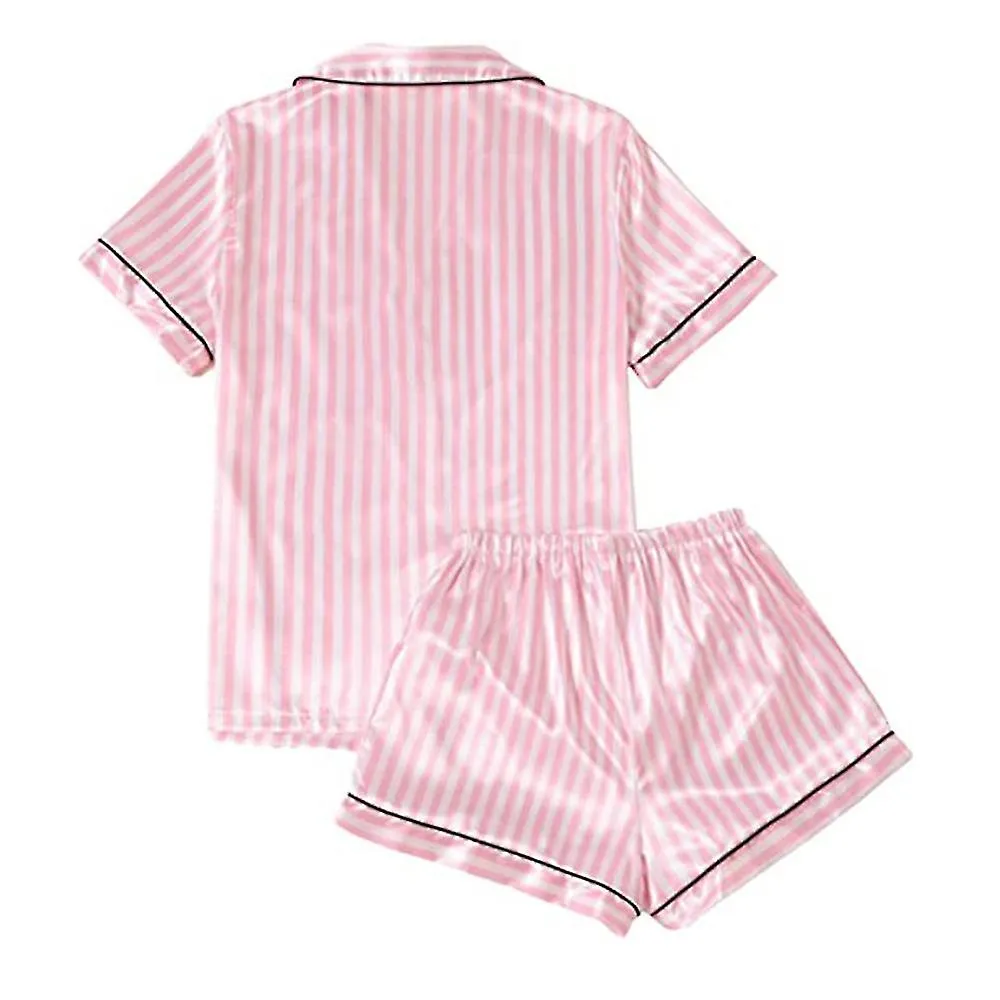 Pijama de satén sedoso a rayas para mujer Top de manga corta con pantalones cortos Ropa de dormir Pj Set camisa de botón Ropa de
