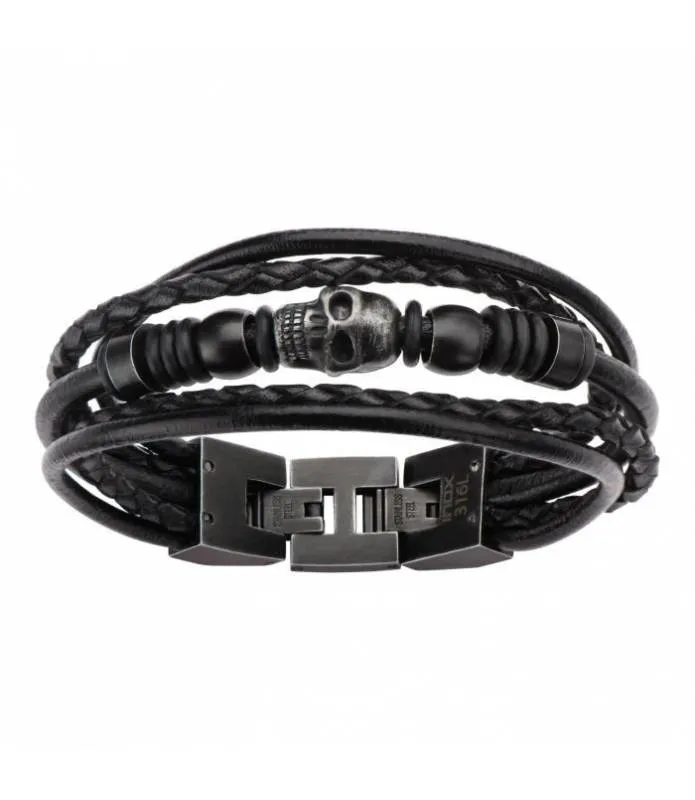 Pulsera cuero negro múltiple con calavera y cuentas BRLT35