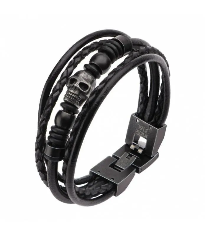 Pulsera cuero negro múltiple con calavera y cuentas BRLT35
