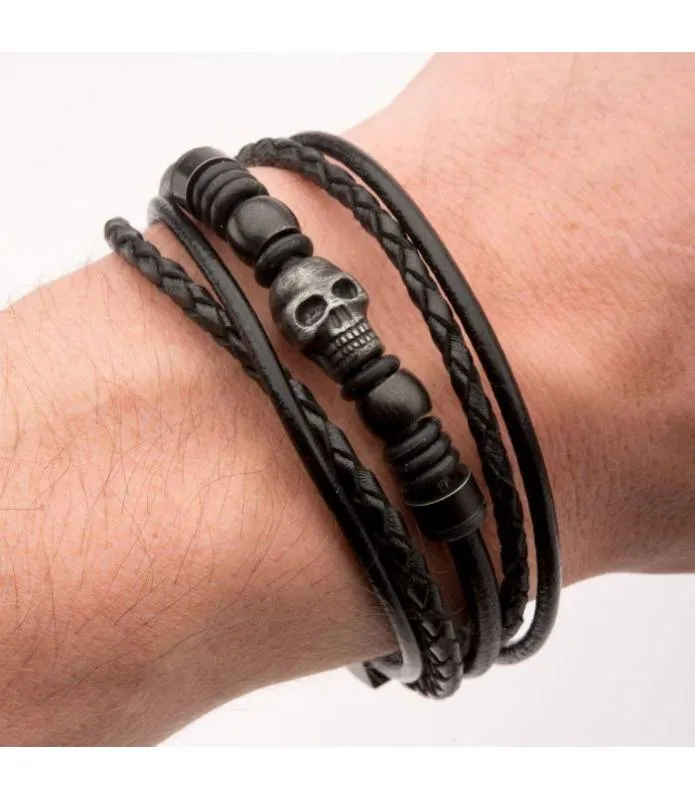 Pulsera cuero negro múltiple con calavera y cuentas BRLT35