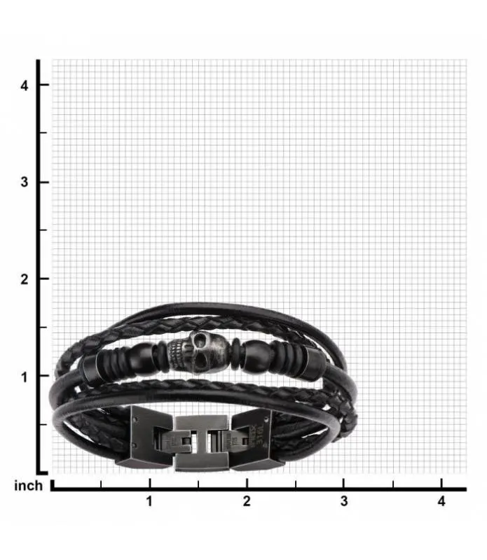 Pulsera cuero negro múltiple con calavera y cuentas BRLT35