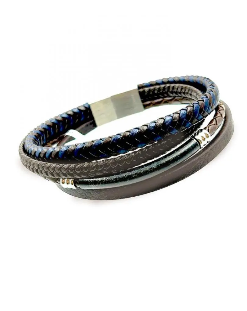 PULSERAS MARRON Y NEGRA DE ACERO Y CUERO DE VARIAS HILERAS