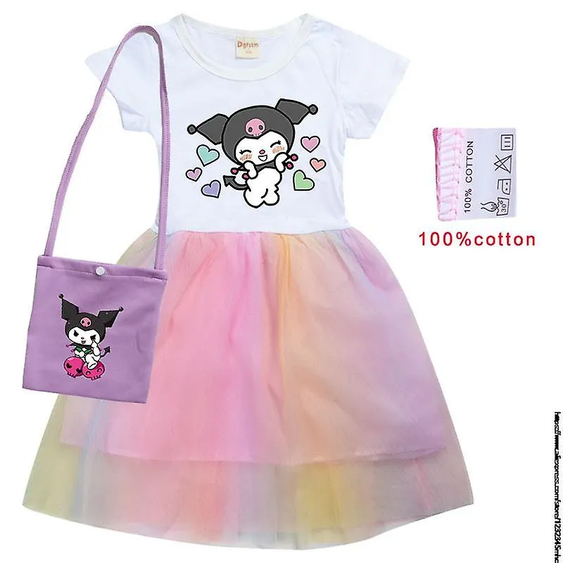 Verano Melodía Kuromi Ropa para niños Vestidos hasta la rodilla Lindo algodón Gasa Vestido completo Adolescentes Dibujos animado