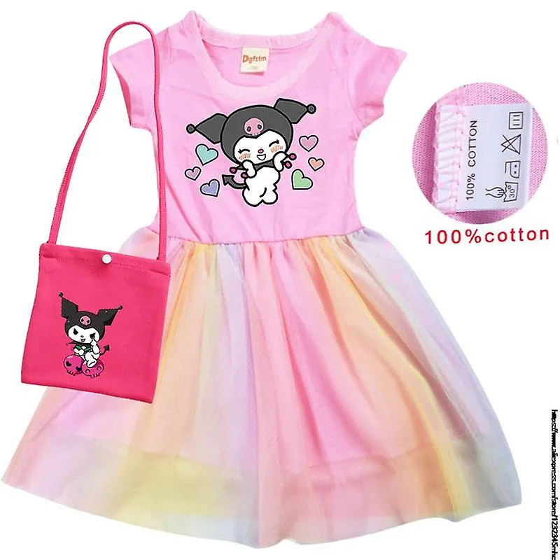 Verano Melodía Kuromi Ropa para niños Vestidos hasta la rodilla Lindo algodón Gasa Vestido completo Adolescentes Dibujos animado