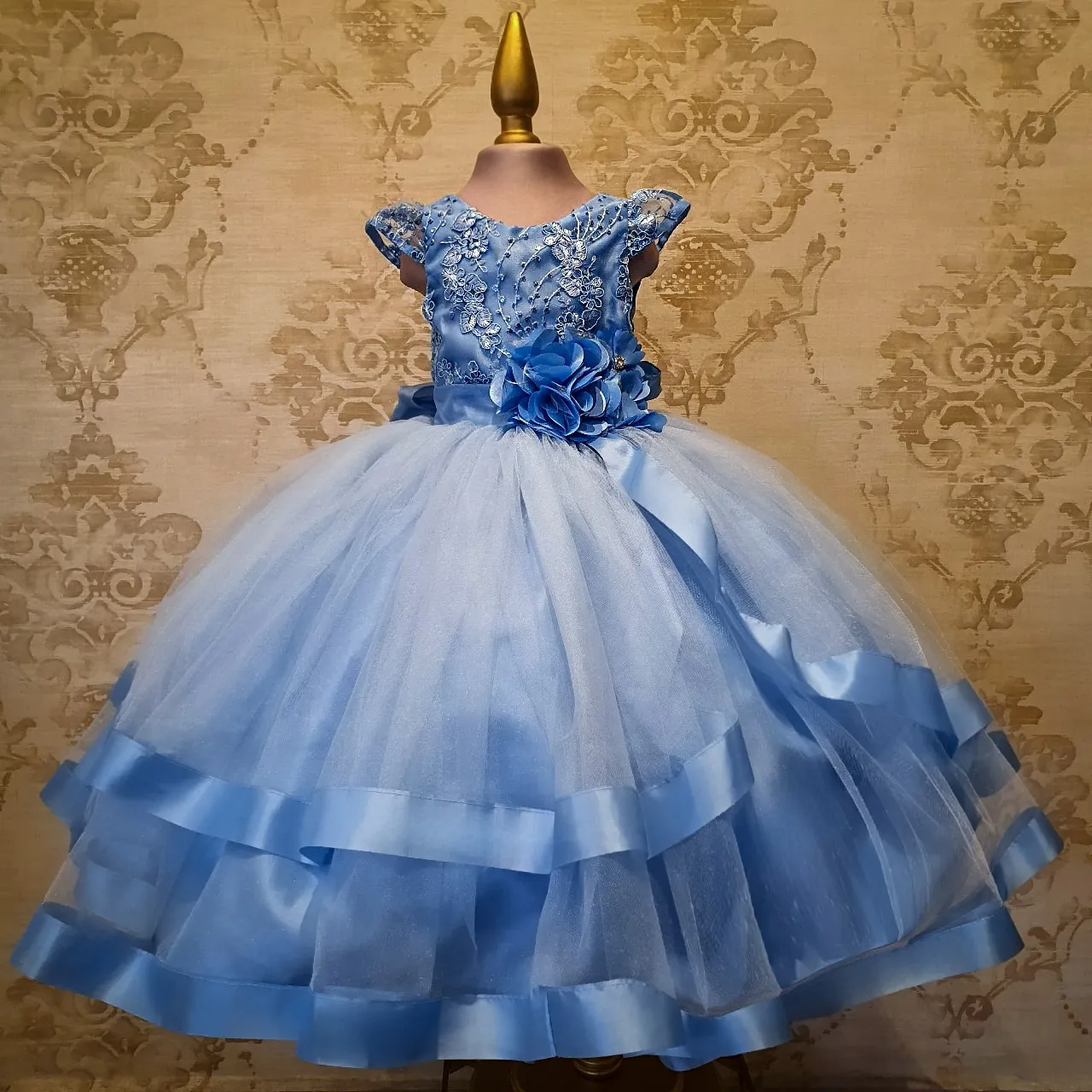 Vestido de Niña Fiesta Azul Cielo con Listón en Falda Talla 2 a 8 años