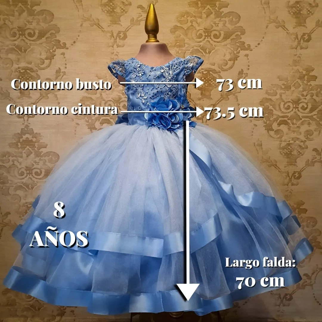 Vestido de Niña Fiesta Azul Cielo con Listón en Falda Talla 2 a 8 años
