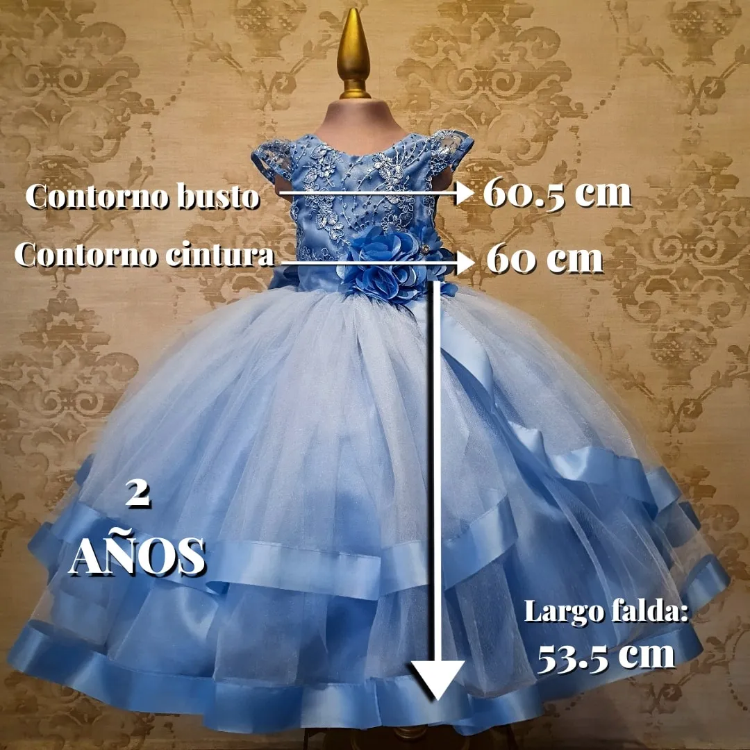 Vestido de Niña Fiesta Azul Cielo con Listón en Falda Talla 2 a 8 años
