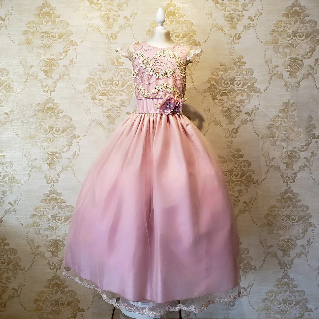 Vestido de Niña Fiesta Rosa Palo con Encaje Oro Elegante Talla 14 a 16 Años