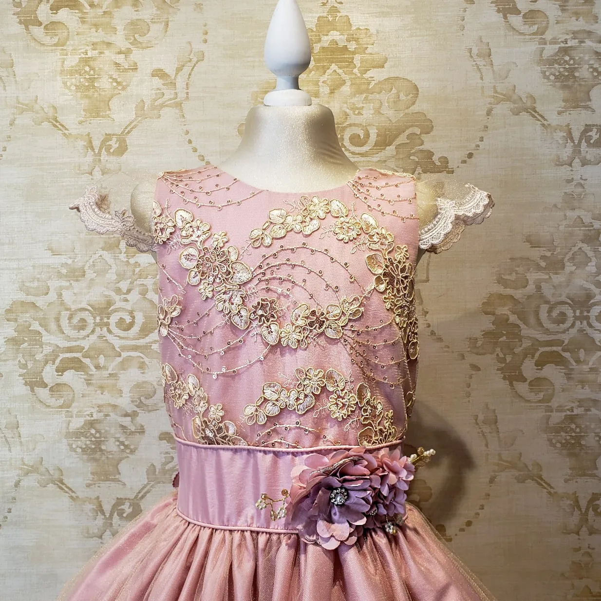 Vestido de Niña Fiesta Rosa Palo con Encaje Oro Elegante Talla 14 a 16 Años