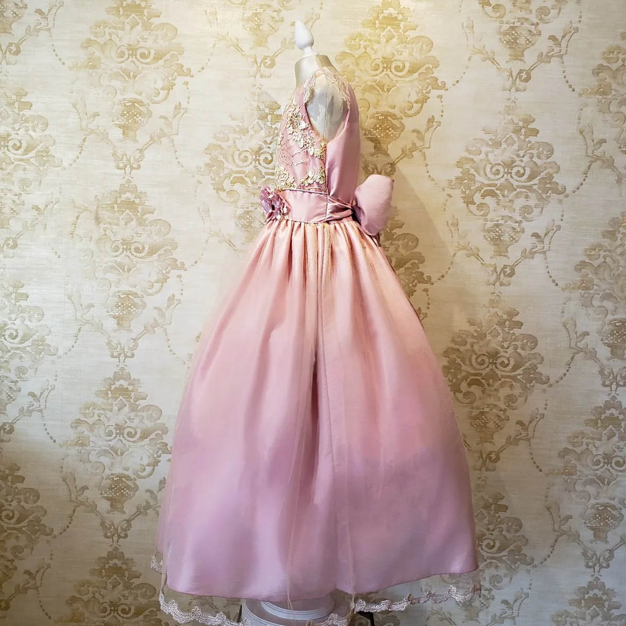 Vestido de Niña Fiesta Rosa Palo con Encaje Oro Elegante Talla 14 a 16 Años