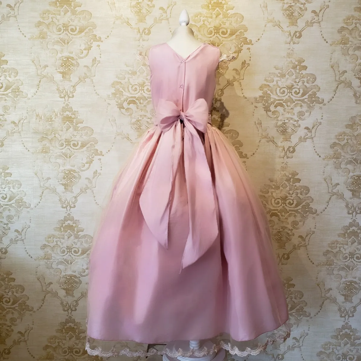 Vestido de Niña Fiesta Rosa Palo con Encaje Oro Elegante Talla 14 a 16 Años
