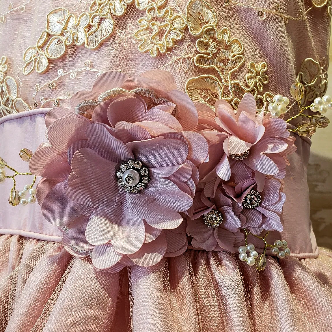 Vestido de Niña Fiesta Rosa Palo con Encaje Oro Elegante Talla 14 a 16 Años