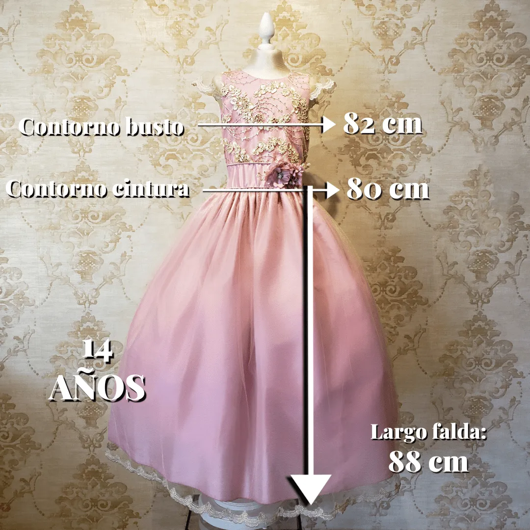 Vestido de Niña Fiesta Rosa Palo con Encaje Oro Elegante Talla 14 a 16 Años