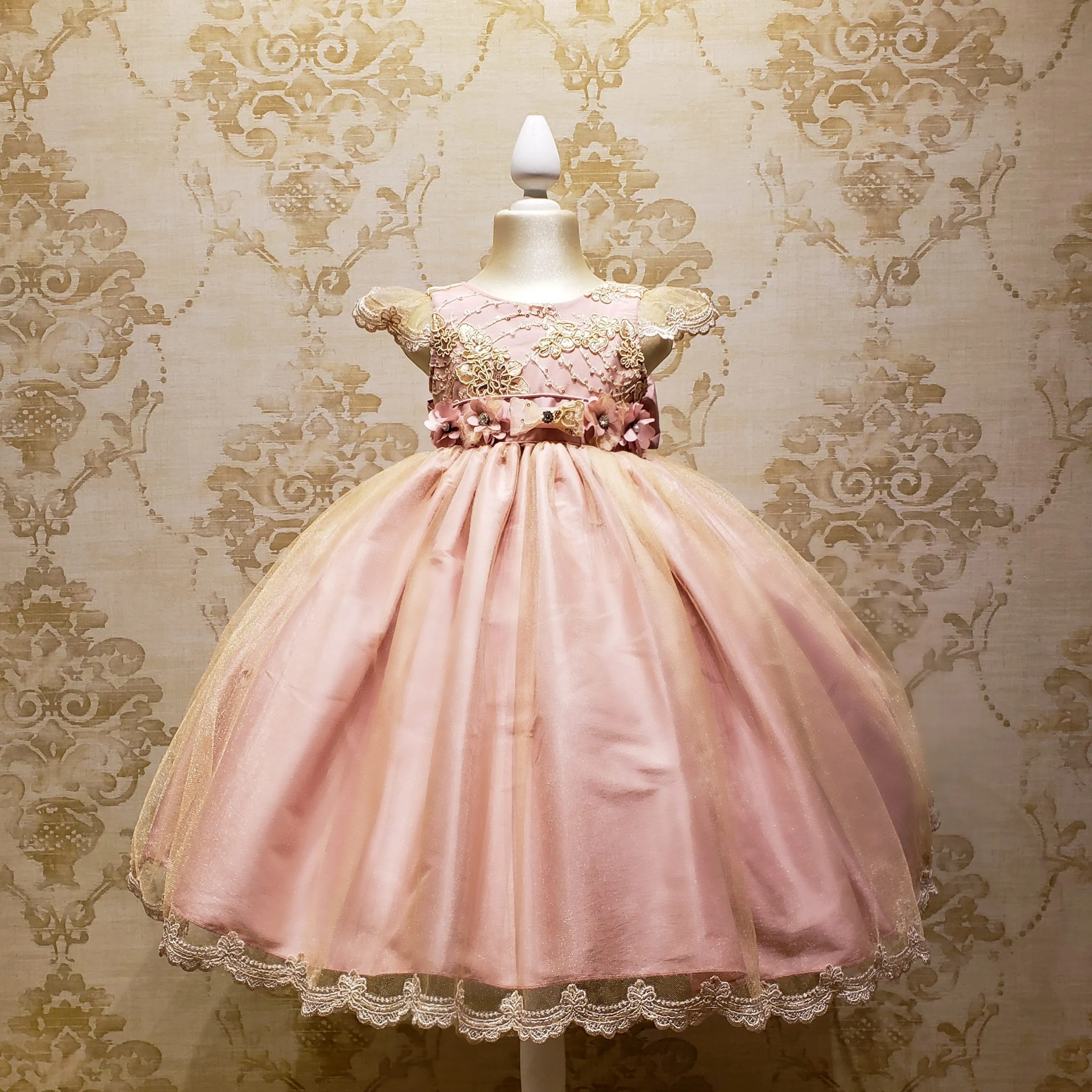 Vestido de Niña Fiesta Rosa Palo con Encaje Oro Elegante Talla 2 a 3 Años