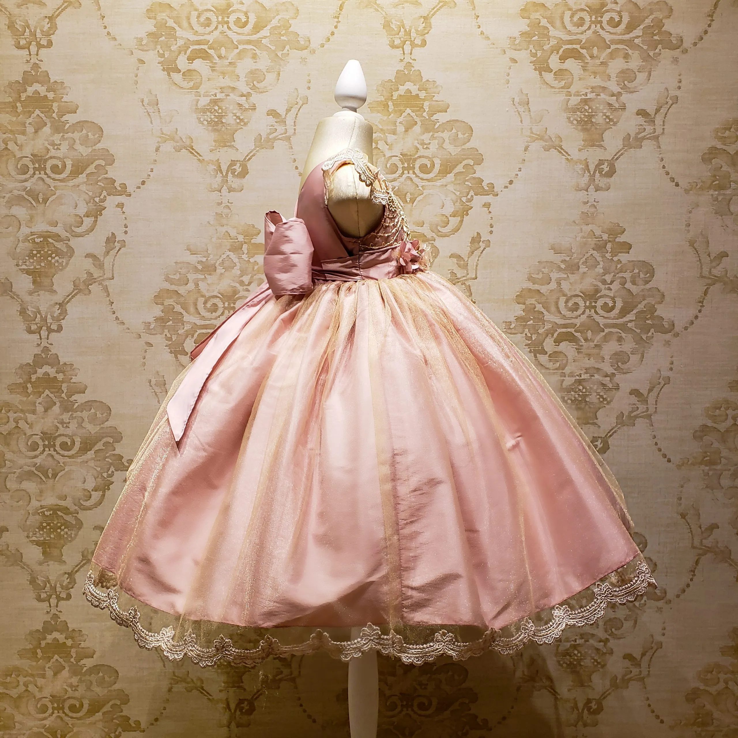 Vestido de Niña Fiesta Rosa Palo con Encaje Oro Elegante Talla 2 a 3 Años