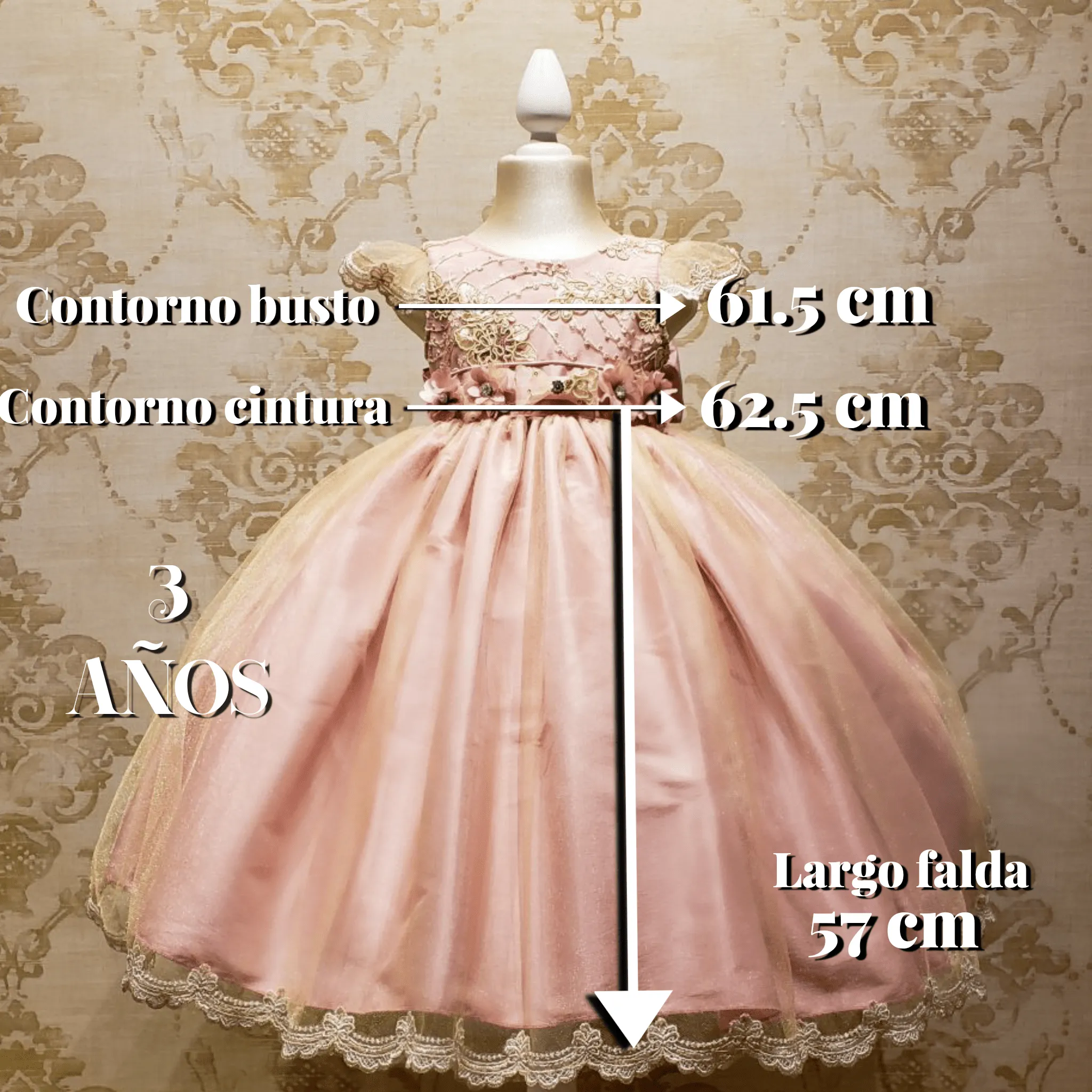 Vestido de Niña Fiesta Rosa Palo con Encaje Oro Elegante Talla 2 a 3 Años