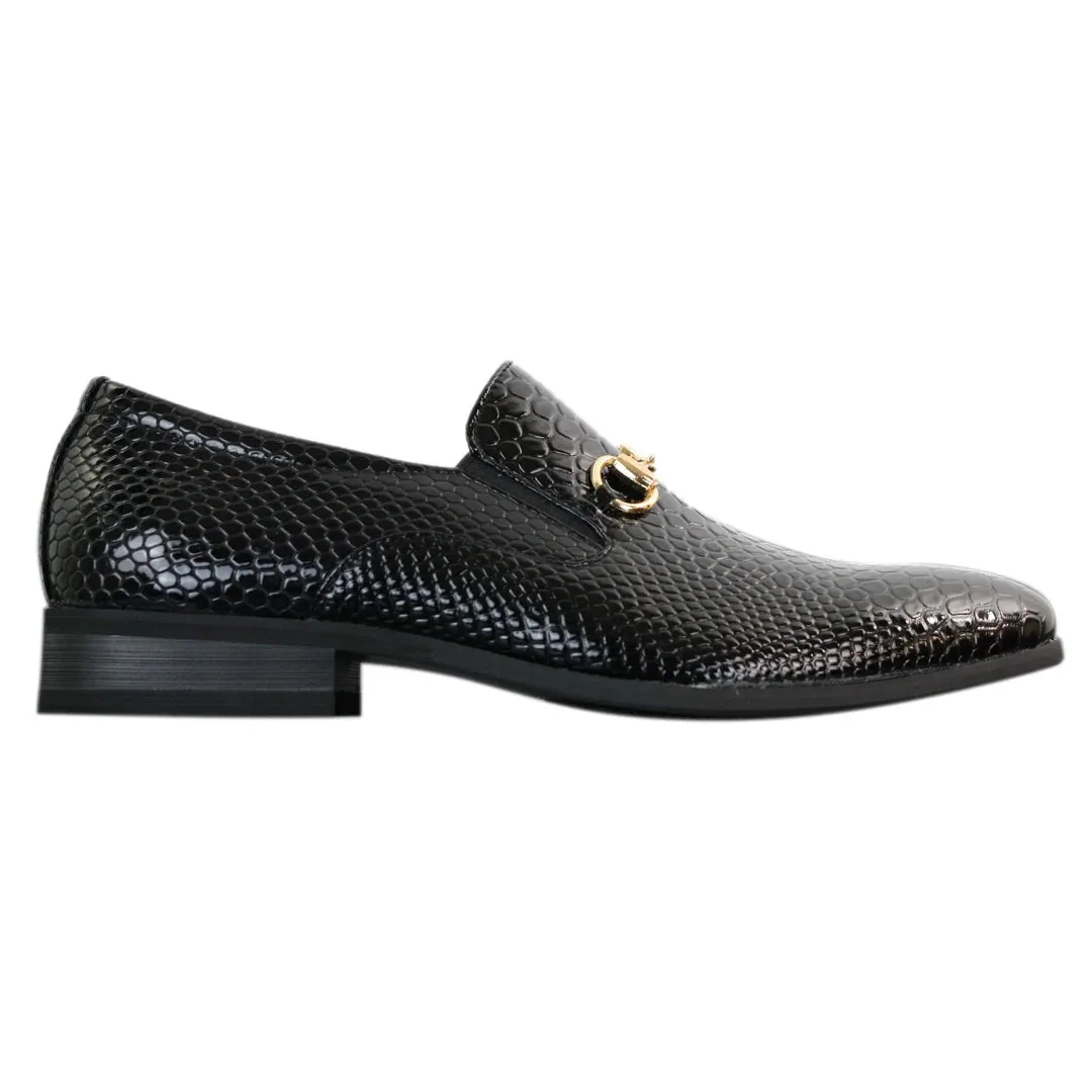Zapatos de cuero con patente de cocodrilo sintético con hebilla en color negro para hombre